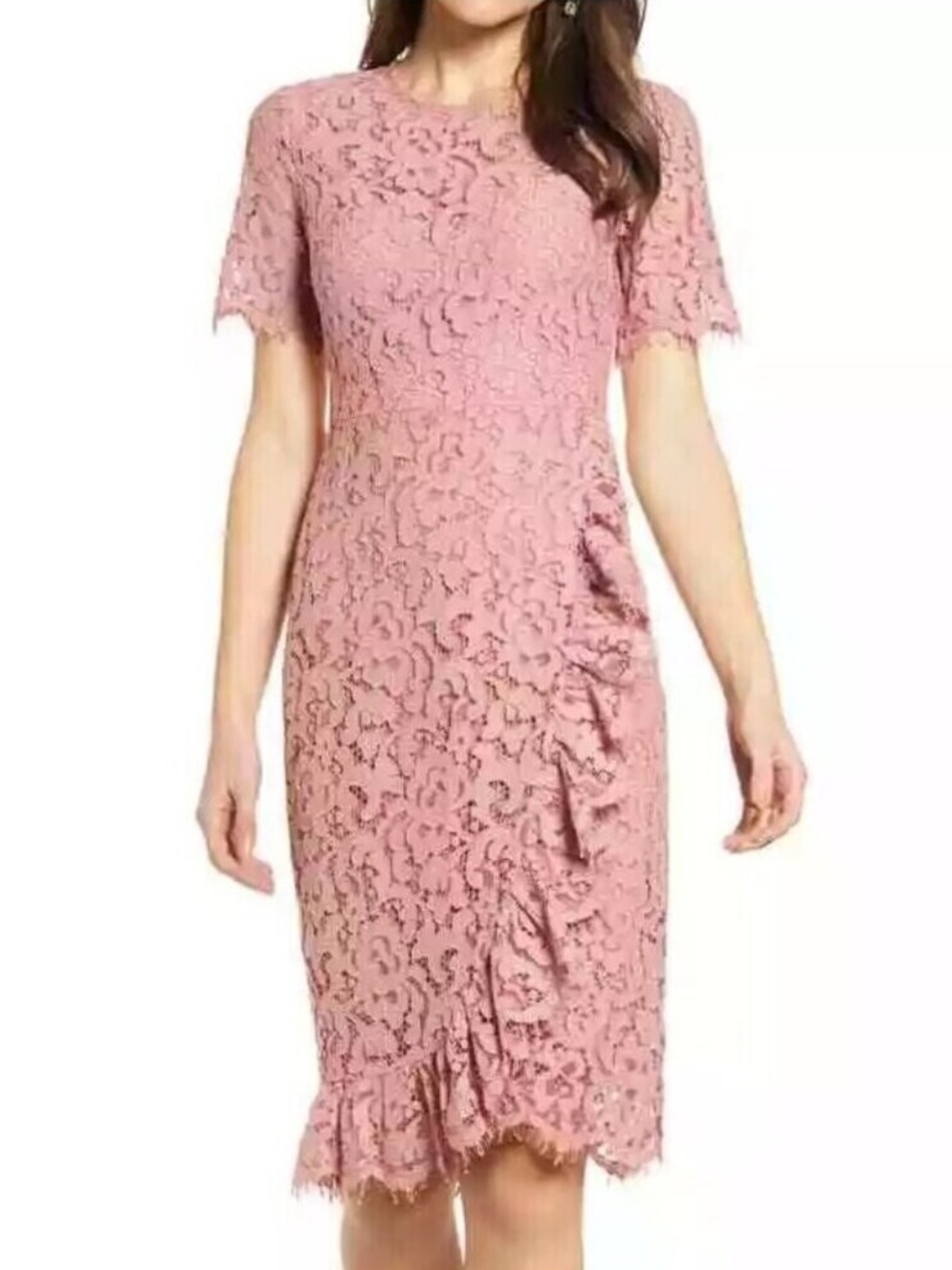 Rachel Parcell Pink Lace Short Sleeve Sheath Ruffle Detail Dress Size Small